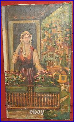 Antique impressionist oil painting rural portrait woman with folk costume