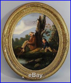Antique mid-19thC O/C Fishing Oil Painting, Folk Art, Stealing the Catch, NR