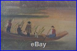 Antique oil canvas painting framed folk art dog boat hunters primitive Americana