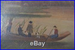 Antique oil canvas painting framed folk art dog boat hunters primitive Americana