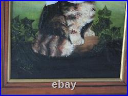 Antique oil painting of a cat with a blue bow 1917 folk art country home rustic