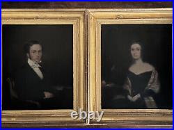 Antique oil painting portraits folk art oil on canvas pair 2 in gilt frames 1840