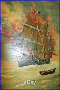 Antique original 1800's Folk Art nautical sea sail ship war oil painting on wood