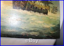 Antique original 1800's Folk Art nautical sea sail ship war oil painting on wood