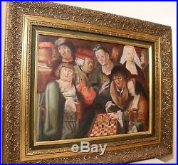 Antique original German game of chess figural oil painting on canvas Folk Art