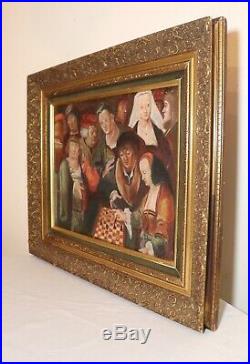 Antique original German game of chess figural oil painting on canvas Folk Art