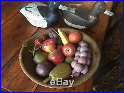 Antique primitive bowl with early painted wood fruit best folk art display AAFA