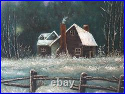 Antique primitive folk art New England winter oil painting of a cabin. Rustic