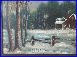 Antique primitive folk art New England winter oil painting of a cabin. Rustic