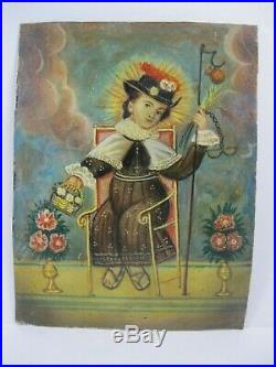 Antique vintage Mexican Folk Art Painted Tin Saint Retablo set of 5