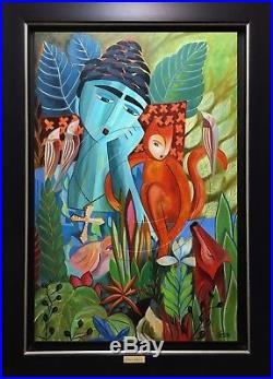 Art FRIDA KAHLO Folk Art Original Oil Painting Vivid Colors Monkey SFASTUDIO