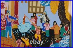 Asian Chinese Festival Folk Art Farmer Watercolor Painting Seal Marks Signed