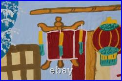Asian Chinese Festival Folk Art Farmer Watercolor Painting Seal Marks Signed