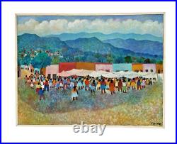 Aurelio Pescina Signed Mexican Town Market Painting, Tianguis Scene with Hills