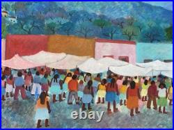 Aurelio Pescina Signed Mexican Town Market Painting, Tianguis Scene with Hills
