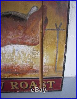 Authentic Early 20thC ENGLISH PUB SIGN Sand Painted Folk Art BENSKINS COW ROAST