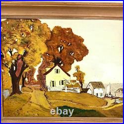 Autumn farmhouse landscape 50s vtg signed framed oil painting countryside naive
