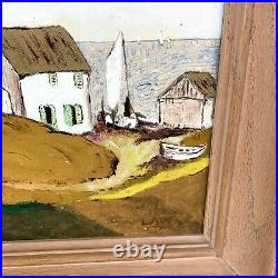 Autumn farmhouse landscape 50s vtg signed framed oil painting countryside naive