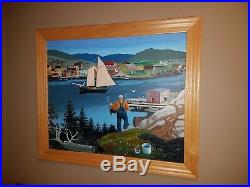 Awesome Folk Art Painting Of Nova Scotia Scene. Boats, Fisherman, Houses Etc, Frmed