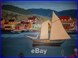 Awesome Folk Art Painting Of Nova Scotia Scene. Boats, Fisherman, Houses Etc, Frmed