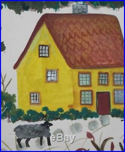 BARBARA STRAWSER- PA Folk Artist-Original Signed Gouache-Sheep/House Landscape