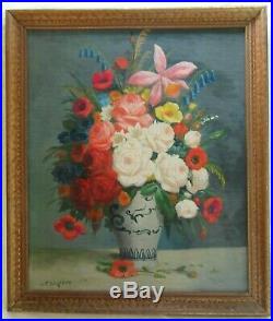 BIG Antique Original Oil Painting Signed Victorian Folk Art Still Life Floral