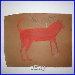 BILL TRAYLOR, pencil and poster paint on cardboard, red dog, folk art, primitive