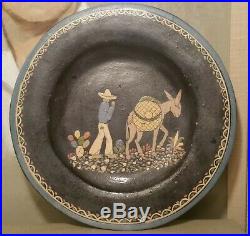 BLACK MEXICAN POTTERY dinner plate vtg folk art painting antique south western