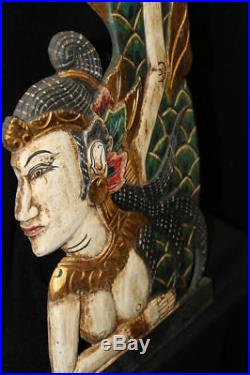 Balinese Mermaid Goddess Wall art Panel Hand Carved Painted Wood Bali folk Left