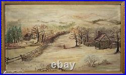 Beautiful Antique American Folk Art Oil Painting Snowy Homestead Landscape