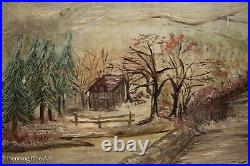 Beautiful Antique American Folk Art Oil Painting Snowy Homestead Landscape
