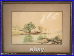 Beautiful Antique Folk Painting of Riverside Home in Vast Landscape, Framed