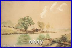 Beautiful Antique Folk Painting of Riverside Home in Vast Landscape, Framed