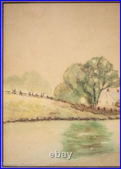 Beautiful Antique Folk Painting of Riverside Home in Vast Landscape, Framed