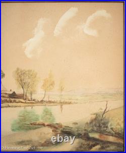 Beautiful Antique Folk Painting of Riverside Home in Vast Landscape, Framed