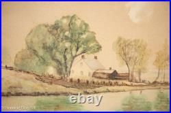 Beautiful Antique Folk Painting of Riverside Home in Vast Landscape, Framed