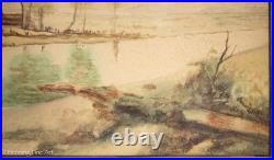 Beautiful Antique Folk Painting of Riverside Home in Vast Landscape, Framed