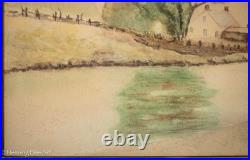 Beautiful Antique Folk Painting of Riverside Home in Vast Landscape, Framed