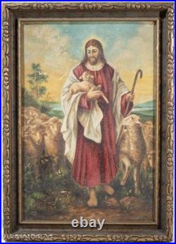 Beautiful Antique Naive Painting of Jesus The Good Shepherd with Lamb, Signed