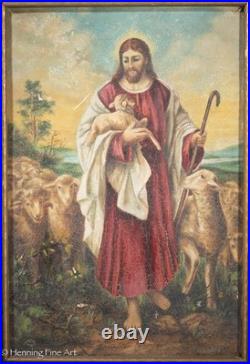 Beautiful Antique Naive Painting of Jesus The Good Shepherd with Lamb, Signed