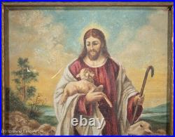 Beautiful Antique Naive Painting of Jesus The Good Shepherd with Lamb, Signed