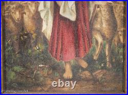 Beautiful Antique Naive Painting of Jesus The Good Shepherd with Lamb, Signed