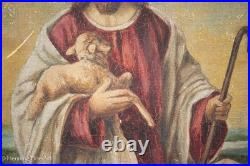 Beautiful Antique Naive Painting of Jesus The Good Shepherd with Lamb, Signed