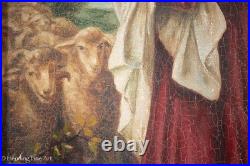 Beautiful Antique Naive Painting of Jesus The Good Shepherd with Lamb, Signed
