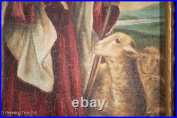 Beautiful Antique Naive Painting of Jesus The Good Shepherd with Lamb, Signed