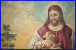 Beautiful Antique Naive Painting of Jesus The Good Shepherd with Lamb, Signed