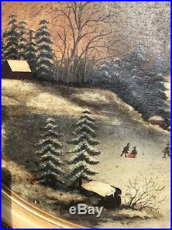 Beautiful Antique Oil Painting Winter Scene Ice Skating American Folk Art 1850
