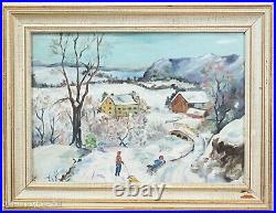 Beautiful Mid Century Folk Art Oil Painting Christmas Sleds Winter Mimi Peck 2