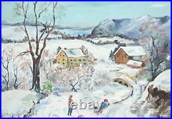 Beautiful Mid Century Folk Art Oil Painting Christmas Sleds Winter Mimi Peck 2