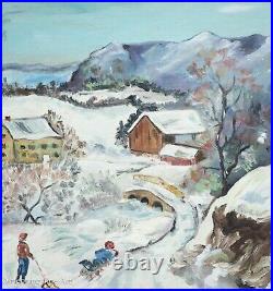 Beautiful Mid Century Folk Art Oil Painting Christmas Sleds Winter Mimi Peck 2